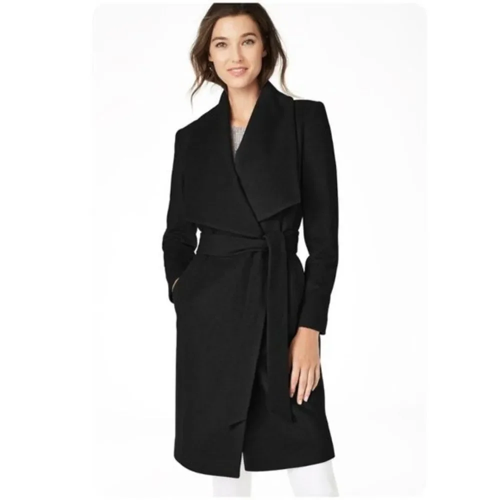 Cole Haan Black Wool Blend Belted Wrap Coat - Picture 1 of 3